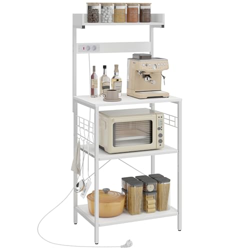 HOMCOM Estantería de Cocina con 2 Tomacorrientes, Estantería de Panadería Industrial con Estación de Café, Estante para Microondas, Estante Ajustable, Ganchos, 60x42x137 cm, Blanco