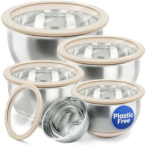 Non-Toxic Stainless Steel Mixing Bowls, Glass Lids, Plastic Free, 5-Pcs