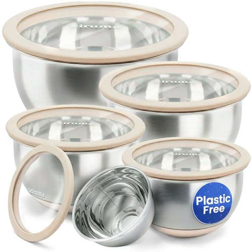 Ziruma Ungiftige Rührschüsseln mit Deckeln – 5-teiliges Edelstahl Schüssel Set, plastikfrei, stapelbar, spülmaschinenfest, mit Silikonboden, Glasdeckel – Küchen Schüsseln in Größen 0,9–4,3L-