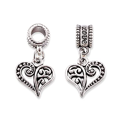 10Pcs Antique Silver Filigree Heart Pendant Hollow Heart European Dangle Bead Charms Large Hole For Dog Pet Collar Charm Bracelet Necklace Jewelry Making Accessories 14X13.5Mm Hole: 4.5Mm #TOP18