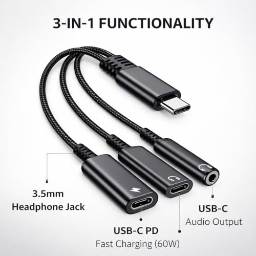 Image of Mizi USB-C Headphone and Charging Adapter 3-in-1 - Type-C to 3.5mm Audio Jack + USB-C PD Charging + Type-C Audio Splitter, Compatible with iPhone, iPad, Samsung Galaxy, Pixel, and More - Black