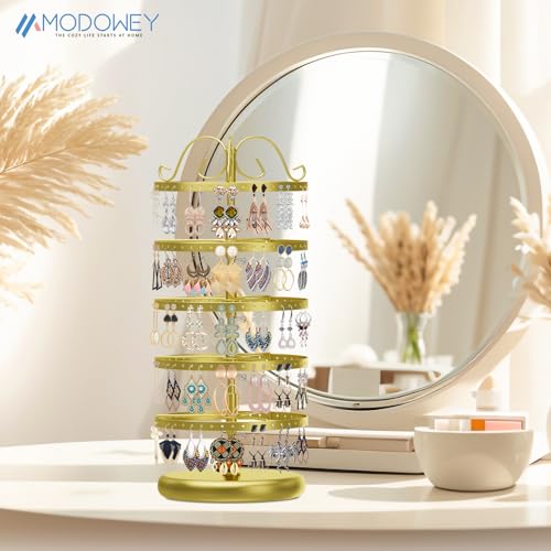 MODOWEY 5 Tiers Metal Rotating Earring Holder Organizer Stand Adjustable Display Tree, 220 Holes Large Carousel Rack for Stud Hoop Pierced Dangling Women, Ideal View for All Earrings, Gold