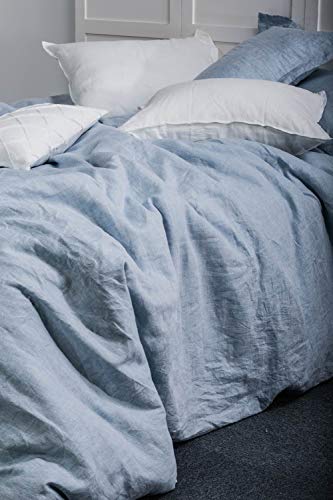 meadow park Washed Linen Chambray 3 Pieces Duvet Cover Set, 100% Yarn Dyed French Linen, King Size, Super Soft, Flanged Style, Heathered Blue - Thumbnail 3