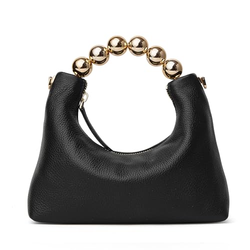 DORIS&JACKY Small Top Handle Clutch Bag Women Designer Goatskin Crossbody Purse With Pearl Handle And Detachable Metal Chain (Black)