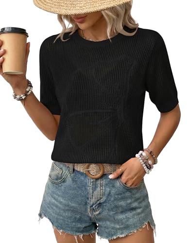LaGracia Womens Short Sleeve Crochet Sweater Summer Crochet Tops Lightweight Hollow Out Crewneck Pullover Beach Coverup Black M