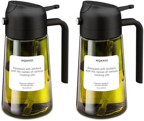2 in 1 Glass Oil Sprayer & Dispenser,16oz/470ml Olive Cooking, Air Fryer, and Salad, for Kitchen Gadgets and Air Fryer Accessories, w/Stickers (Black + Dark Green Bottle 2)