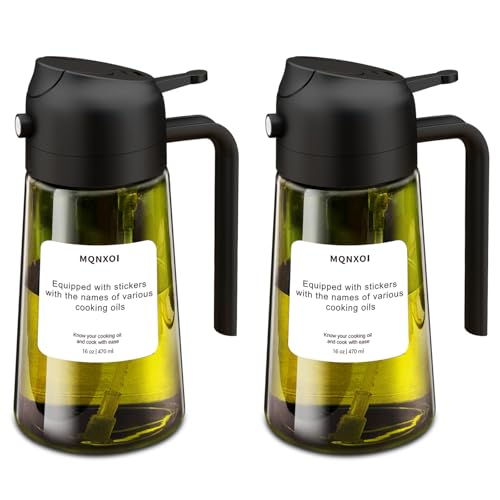 2 in 1 Glass Oil Sprayer & Dispenser,16oz/470ml Olive Cooking, Air Fryer, and Salad, for Kitchen Gadgets and Air Fryer Accessories, w/Stickers (Black + Dark Green Bottle 2)