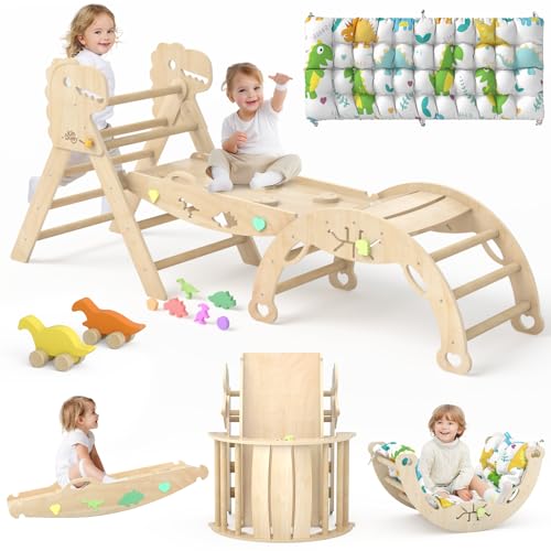 Image of KidsBuddy Pikler Triangle Set with Cushion 9 in 1 Climbing Toys for Toddlers 1-3 Indoor Baby Gym Toddler Montessori Toys Wooden Climbing with Maze, Shape Sorting, Dinosaur Car