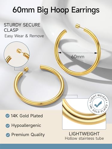 Image of Stainless Steel Chunky Hoop Earrings For Women, Minimalist and Chic, Black /Gold Plated, Round Hoops Earrings Hypoallergenic, Size: 30mm /40mm /60mm /80mm, Come with Box