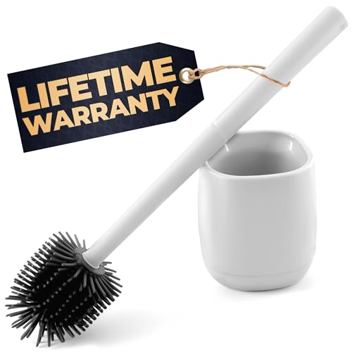 Image of Toilet Brush and Holder Set - Silicone Toilet Bowl Brush with White Holder Base, Compact Bath Accessory for Small Spaces - Easy to Place and Simple to Store After Use, Plastic Bathroom Cleaning Tool