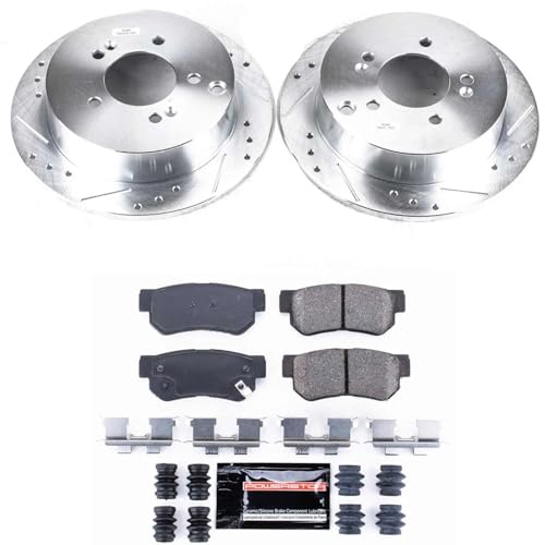 Image of PowerStop Rear Brake Kit for Hyundai Santa Fe 2001-06 |Tucson 2005-09 |Kia Sportage 2005-10 - Drilled and Slotted Disc Rotors with Carbon-Fiber Ceramic Brake Pads Replacement, K5213