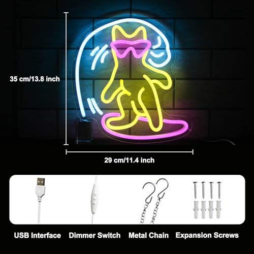 Image of Cat Surfing Neon Sign Colorful Surfboard LED Neon Light for Room Bar Decor | Surfer LED Sign for Wall, Anime Neon Light Up Sign, Dimmable Neon Lights Signs, Bedroom Kids Room Man Cave Decor, USB Powered