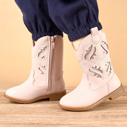 Newsonet Toddler Girls Cowboy Cowgirl Boots Round Toe Western Boots Mid Calf Side Zipper Riding Shoes for All Seasons Spring Summer Winter Fall2