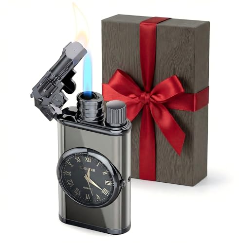 Cool Gun Lighter with Watch, Dual Flame - Jet & Pipe, Windproof Gas Lighter Butane Refillable, without Gas
