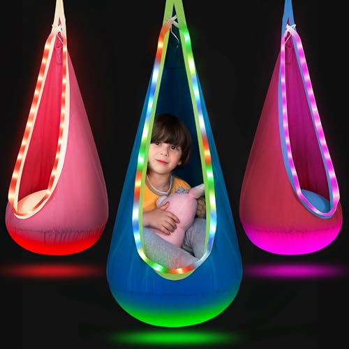 Light Up Pod Swing for Kids Offers Adjustable Effects, Sensory Swing Ideal for Indoor and Outdoor Use. Kids Hammock Easy to Install.(Blue)