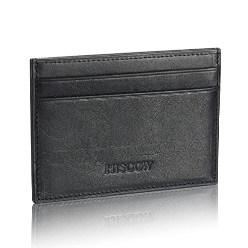 Image of HISCOW Slim Full Grain Leather Card Holder with ID Window, Veg-Tanned Black | Men's minimalist EDC wallet, front pocket carry, 2 credit card slots & center pocket, fits folded bills, premium gift box