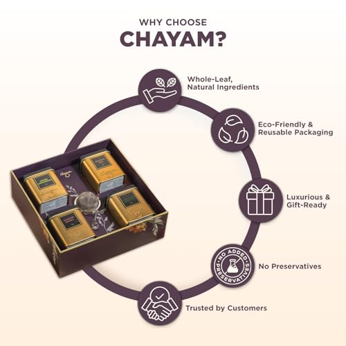 Image of CHAYAM Tea Tranquility Gift Set | 4 Loose Leaf Blends & Stainless Steel Infuser, 250g | Kashmiri Kahwa, Masala Chai, Himalayan Green, Ginger Lemongrass | Wellness Tea Gift Box for All Occasions, Corporate Gifting & for Foreigners