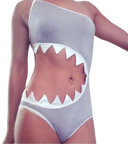 Shark Bite One Shoulder Swimsuit for Girls, One Piece Bathing Suit with Chain Straps, Gray