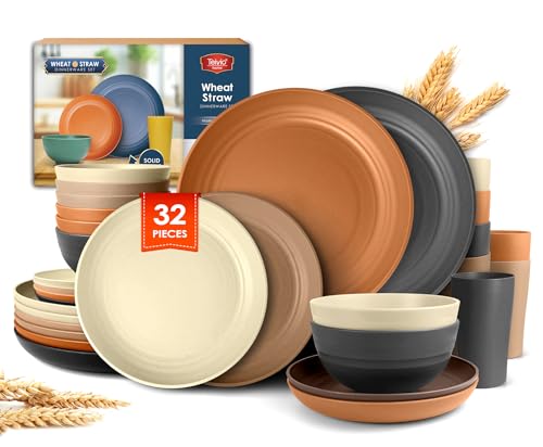 Teivio 32-Piece Kitchen Plastic Wheat Straw Dinnerware Set, Service for 8, Unbreakable Plates, Bowls and Cups Set, Farmhouse Outdoor Camping Dishes for Rustic Life/Country/Vintage, Saddle Ombre