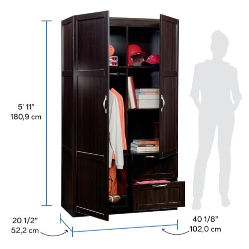 Image of Sauder Select Multipurpose Bedroom Armoire Wardrobe Closet Pantry Storage Cabinet with Storage Drawers and Hanging Rail, in Cinnamon Cherry