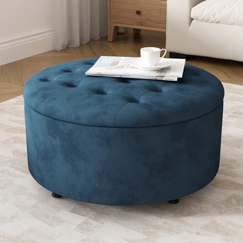 YUUIJOAA 30 Inch Round Storage Ottoman,Modern Blue Tufted Ottomans,Circular Coffee Table with...