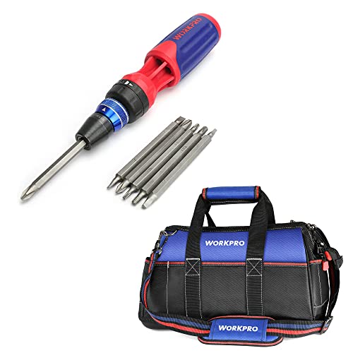 Workpro 12-In-1 Ratcheting Multi-Bit Screwdriver Set And 16-Inch Wide Mouth Tool Bag For Men #TOP27