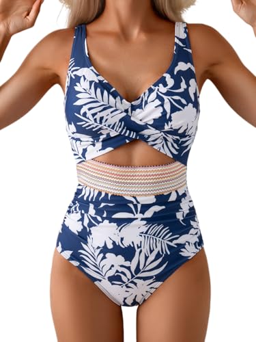 Image of B2prity One Piece Swimsuit for Women Tummy Control V Neck Bathing Suit Color Block High Waisted Cutout Swimwear
