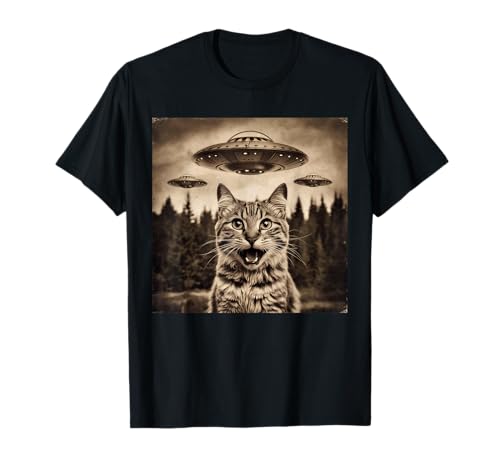 Cat Selfie With Alien UFO Funny Cat Gifts For Men Women Kid Camiseta
