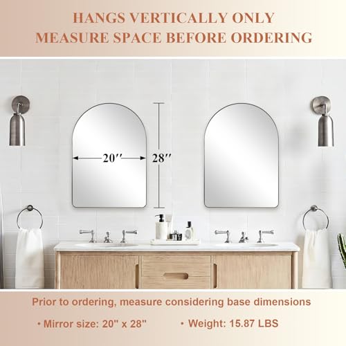 Image of ANDY STAR Arched Mirror, 20 x 28 Inch Brushed Nickel Wall Mirror in Stainless Steel Metal Frame, Arch Top Rounded Corner 1 Inch Deep Set Design Wall Mount Hangs Vertical