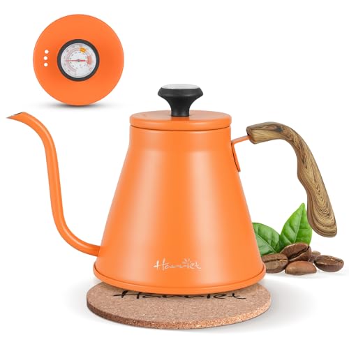 Harriet Gooseneck Kettle with Thermometer for Pour Over Coffee and Tea, 37 fl oz, Stainless Steel, Durable 3-Layer Base, Ideal Spout for Precision Pouring, Compatible with all Stove Tops, Orange