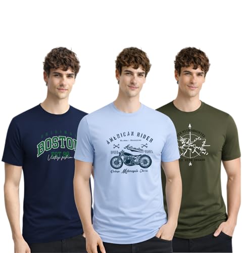 Image of ADRO Mens Printed Cotton T-Shirts Pack of 3 | Regular Fit Graphic Tshirt | Breathable Modern Stylish Casual T Shirt for Travel Gym Daily Lifestyle