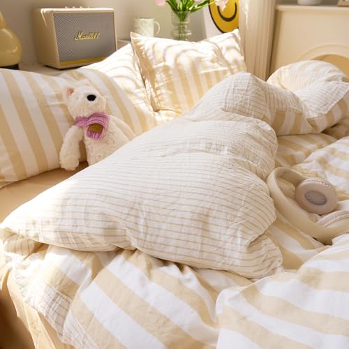 Image of EAVD Beige Striped Duvet Cover King Soft Washed Microfiber Striped Reversible Bedding Set with 2 Pillowcases Modern Farmhouse Geometric Pattern Duvet Cover with Zipper Closure