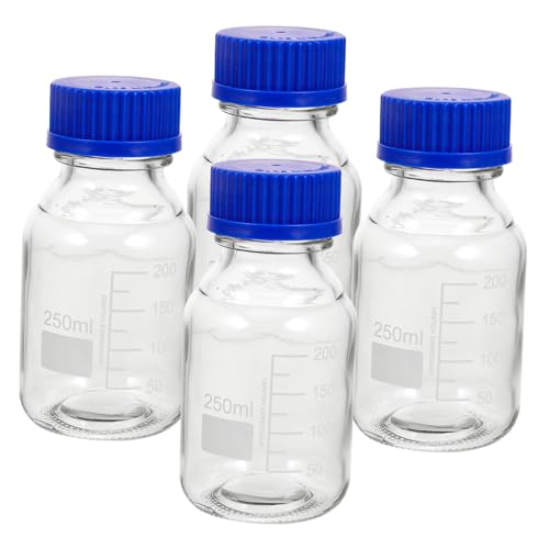 FUNOMOCYA 4 Pcs Reagent Bottle with Blue Cap Water Bottle Lab Sample Vials Medicine Bottles with Caps Storage Bottles for Liquids Empty Medicine Bottles Waterbottles Carafe with Lids Glass