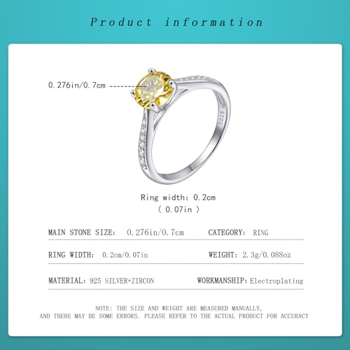 925 Sterling Silver Yellow Round Zircon Engagement Ring, Four-claw Inlaid 7x7mm Stone Size Width 2mm, Fashion Promise Ring for Women4