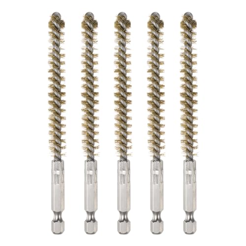 sourcing map 5Pcs Bore Brush Brass 9mm Dia Cleaning Twisted Bronze Wire Brush Tube Pipe Cleaner with Handle 1/4 Inch Hex Shank for Tubes, Ports, Bearings