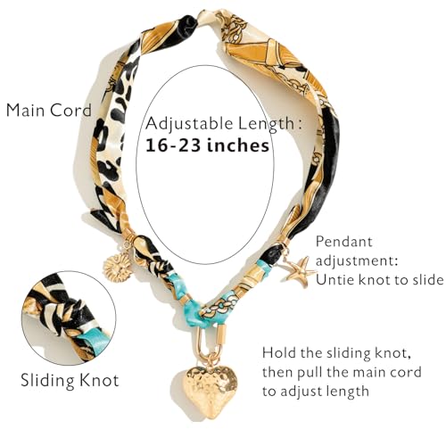 Bandana Necklace for Women - Gold Dainty Charm Necklace with Heart, Starfish, Flower Pendants, Carabiner Lock - Boho Beach Vintage Scarf Necklaces, Trendy Jewelry Gift4