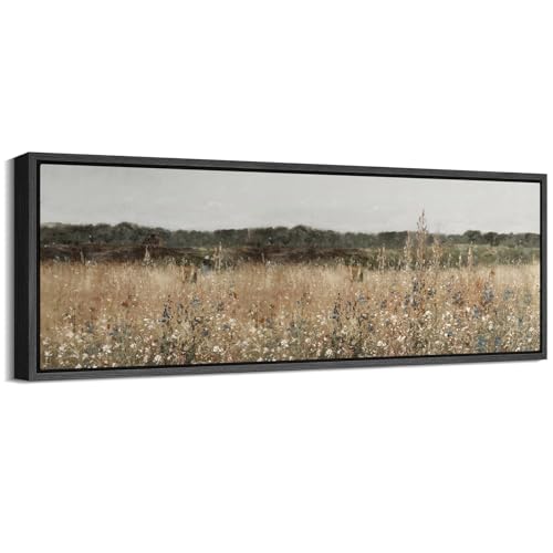 Image of MUDECOR Large Framed Canvas Print Wall Art Golden Meadow Neutral Wildflower Field Antique Ready to Hang Painting for Living Room Bedroom Multi-Sizes - 60 inchx20 inch