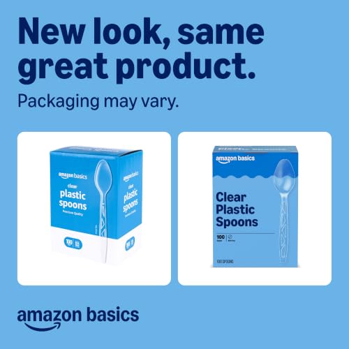 Image of Amazon Basics Disposable Clear Plastic Spoons, Premium Quality, 100 Count, Large Pack, Packaging May Vary