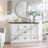 IFGET Farmhouse 5 Drawers Dresser for Bedroom, Wood Rustic Storage Organizer Closet Chest, Chest of Drawers w/Groove Barn Door&Shelf for Closet, Living Room, Dining Room, Hallway-White