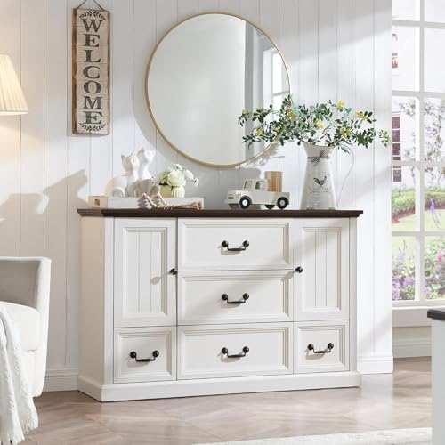 IFGET Farmhouse 5 Drawers Dresser for Bedroom, Wood Rustic Storage Organizer Closet Chest, Chest of Drawers w/Groove Barn Door&Shelf for Closet, Living Room, Dining Room, Hallway-White