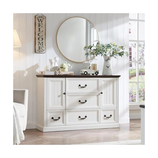 Farmhouse 5 drawers dresser for bedroom wood rustic storage organizer closet chest chest of drawers wgroove barn doorshelf for closet living room dining room hallway white  urban country home decor