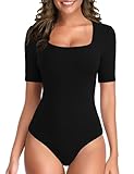 TQD Short Sleeve Bodysuit for Women Square Neck Bodysuit Elbow Sleeve Tshirt Body Suit Top
