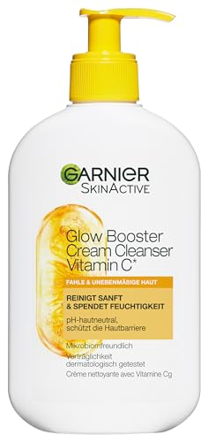 Garnier Limpiador facial para piel desigual, purificante e hidratante, con vitamina C y glicerina, fórmula vegana, Glow Booster Cream Cleanser Vitamina C, SkinActive, 250 ml