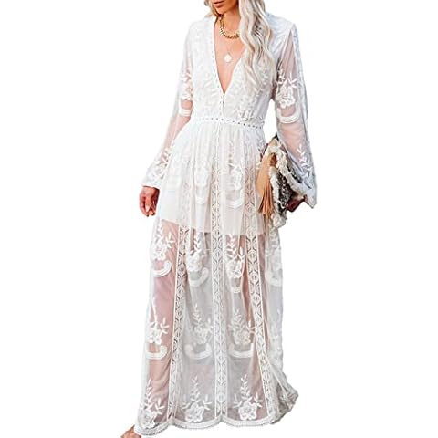amropi Womens Deep V Neck Short Sleeve Floral Lace Dress Long Bridesmaid Maxi Dresses White-0,XL Cover