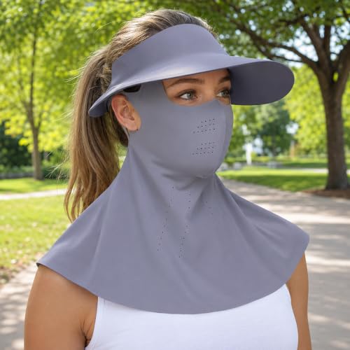 Image of Full Coverage Sun Hat with Face Mask and Neck Flap UPF 50+ UV Protection Cooling Ice Silk Visor Hat for Women Men Outdoor Activities Adjustable Grey