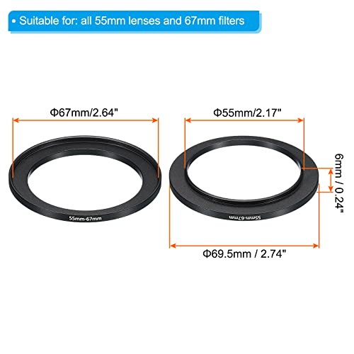 Image of PATIKIL 55mm-67mm Metal Step Up Ring, 2 Pack Camera Lens Filter Adapter Ring Aluminum Filter Adapter Ring for Camera Lenses Hood, Black