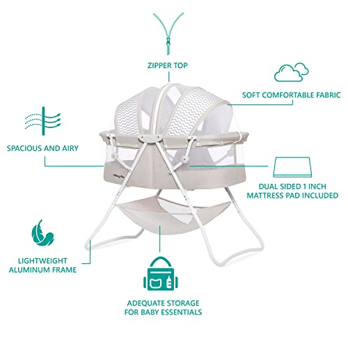Dream On Me Karley Bassinet In Grey, Lightweight Portable Baby Bassinet, Quick Fold And Easy To Carry , Adjustable Double Canopy, Indoor And Outdoor Bassinet With Large Storage Basket. #TOP3