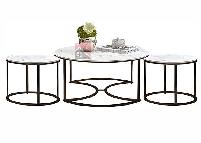 Image of Round Stacking Coffee Side Table for Small Space, 1 Center Table, 2 End Nesting Tables, Nightstand, and Bedside in a 3-Piece Living Room Table Set (White Gold)