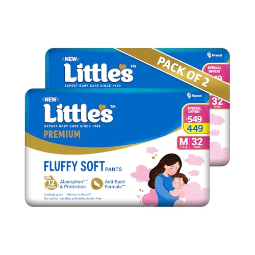 Little's Premium Baby Diapers M Size (Medium) Pants Style | 7-12 kg | 64 Count | FluffySoft Baby Diaper with Leakage Guard, Wetness Indicator & 12 Hours Absorption | (32 Count, Pack of 2)