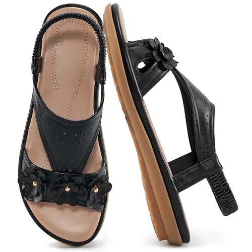 Ecetana Womens Sandals Dressy Summer Beach Casual Elastic Strap Slip on Flat Shoes with Memory Foam